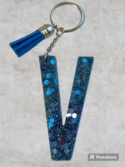 Resin / Epoxy Keychain Letter V - Hand poured and uniquely made. Size 2 1/2" x 1 1/2"