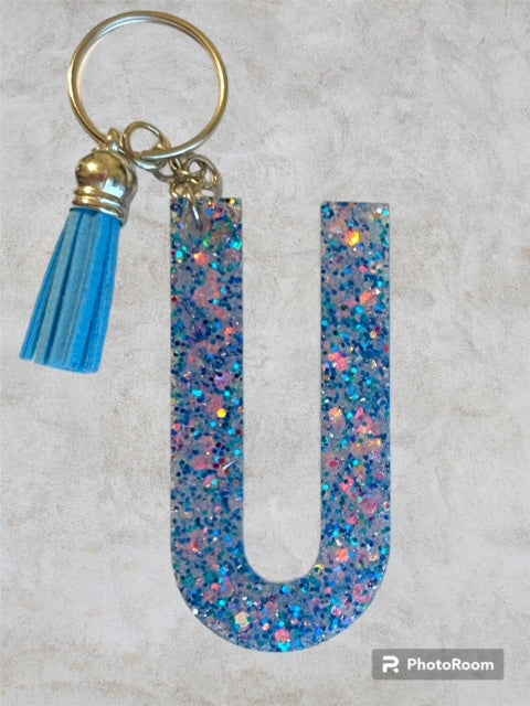 Resin / Epoxy Keychain Letter U - Hand poured and uniquely made. Size 2 1/2" x 1 1/2"