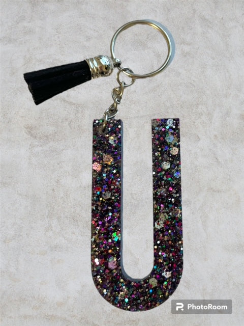 Resin / Epoxy Keychain Letter U - Hand poured and uniquely made. Size 2 1/2" x 1 1/2"