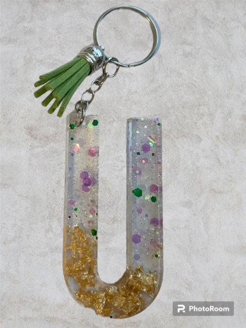 Resin / Epoxy Keychain Letter U - Hand poured and uniquely made. Size 2 1/2" x 1 1/2"