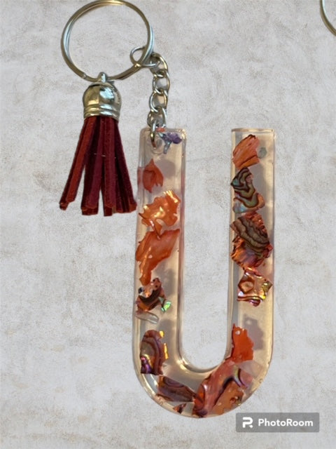 Resin / Epoxy Keychain Letter U - Hand poured and uniquely made. Size 2 1/2" x 1 1/2"