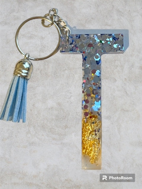 Resin / Epoxy Keychain Letter T - Hand poured and uniquely made. Size 2 1/2" x 1 1/2"