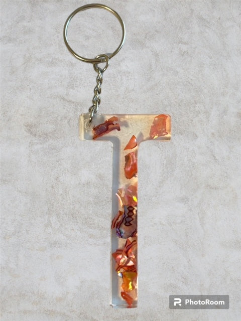 Resin / Epoxy Keychain Letter T - Hand poured and uniquely made. Size 2 1/2" x 1 1/2"