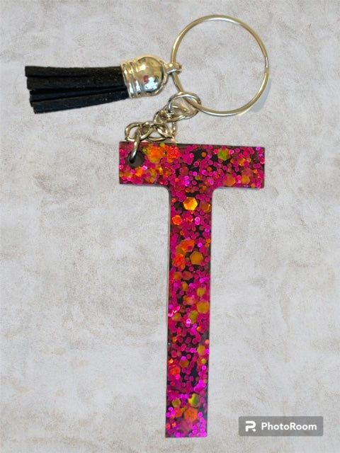 Resin / Epoxy Keychain Letter T - Hand poured and uniquely made. Size 2 1/2" x 1 1/2"