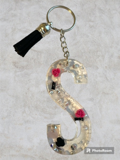 Resin / Epoxy Keychain Letter S - Hand poured and uniquely made. Size 2 1/2" x 1 1/2"