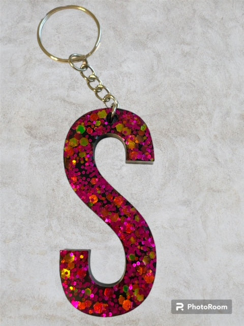 Resin / Epoxy Keychain Letter S - Hand poured and uniquely made. Size 2 1/2" x 1 1/2"