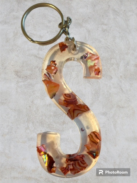 Resin / Epoxy Keychain Letter S - Hand poured and uniquely made. Size 2 1/2" x 1 1/2"