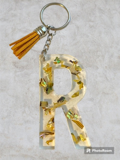 Resin / Epoxy Keychain Letter R - Hand poured and uniquely made. Size 2 1/2" x 1 1/2"