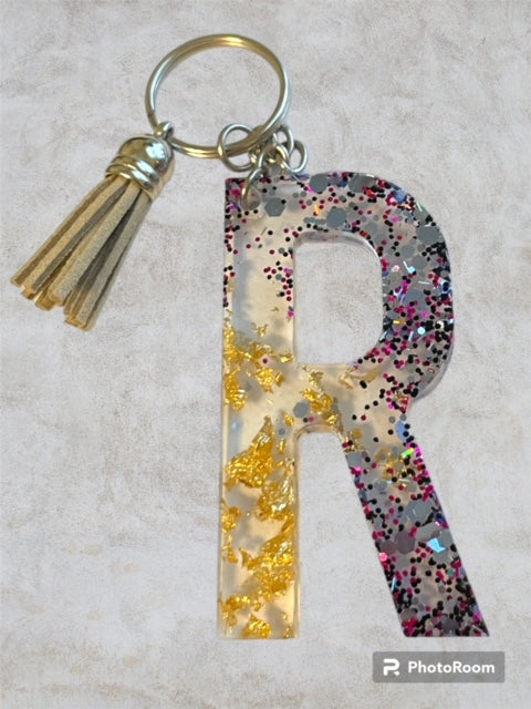 Resin / Epoxy Keychain Letter R - Hand poured and uniquely made. Size 2 1/2" x 1 1/2"