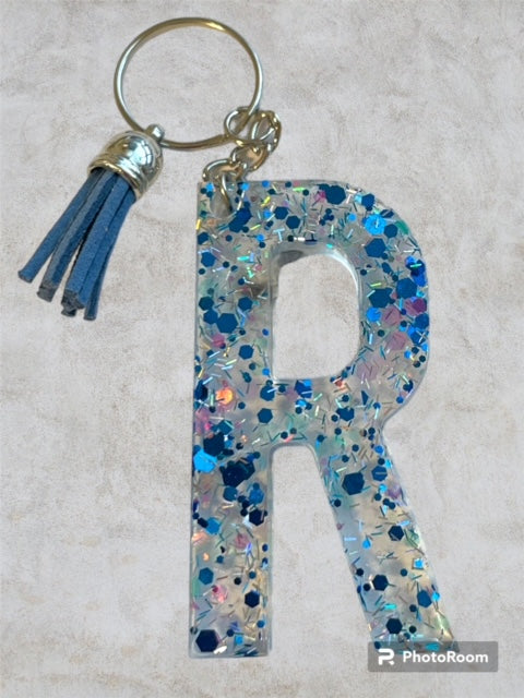 Resin / Epoxy Keychain Letter R - Hand poured and uniquely made. Size 2 1/2" x 1 1/2"