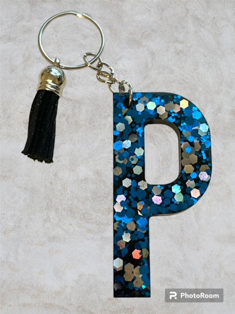 Resin / Epoxy Keychain Letter P - Hand poured and uniquely made. Size 2 1/2" x 1 1/2"