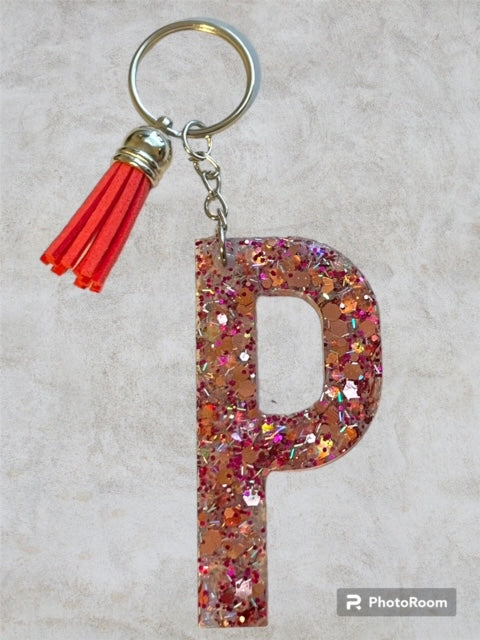 Resin / Epoxy Keychain Letter P - Hand poured and uniquely made. Size 2 1/2" x 1 1/2"