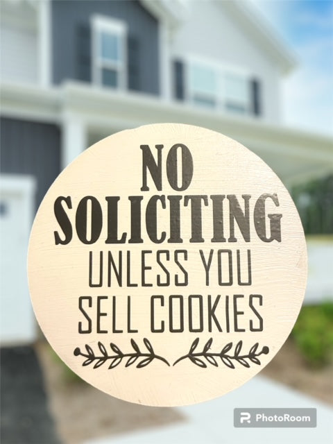 Round Wood No Soliciting Sign - Fits around most camera doorbells