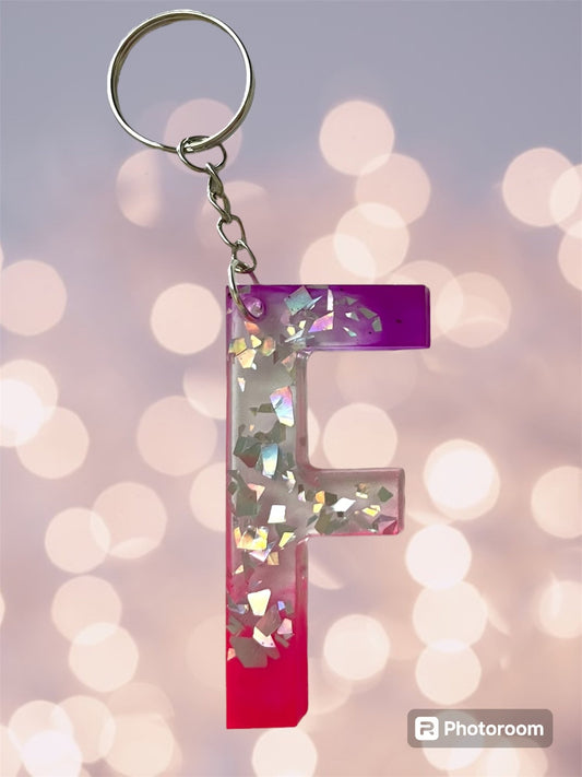 (Copy) Resin / Epoxy Keychain Letter - Hand poured and uniquely made. Size 2 1/2" x 1 1/2” pink, purple & glitter - Crazy and Cute Crafts