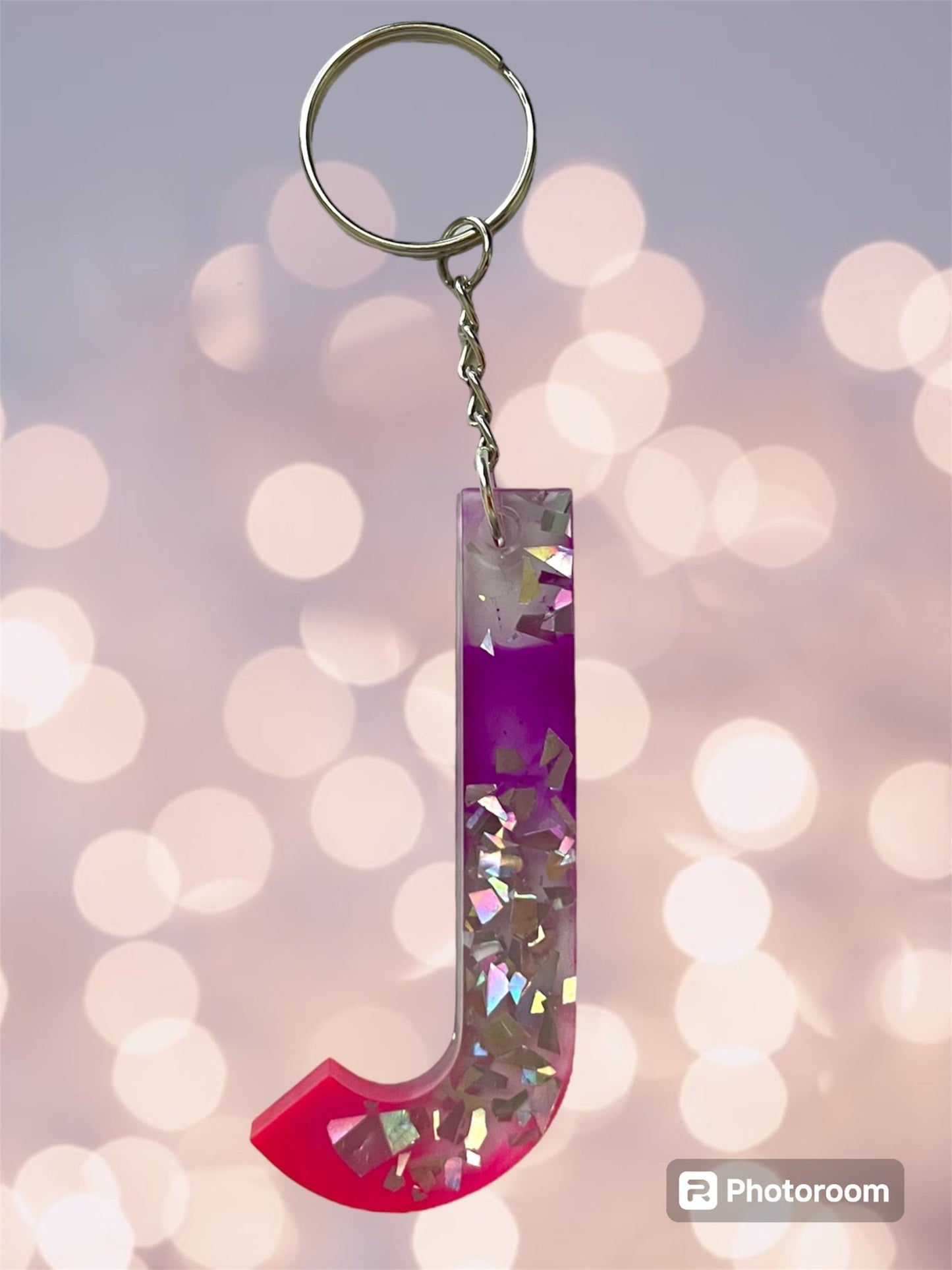 (Copy) Resin / Epoxy Keychain Letter - Hand poured and uniquely made. Size 2 1/2" x 1 1/2” pink, purple & glitter - Crazy and Cute Crafts