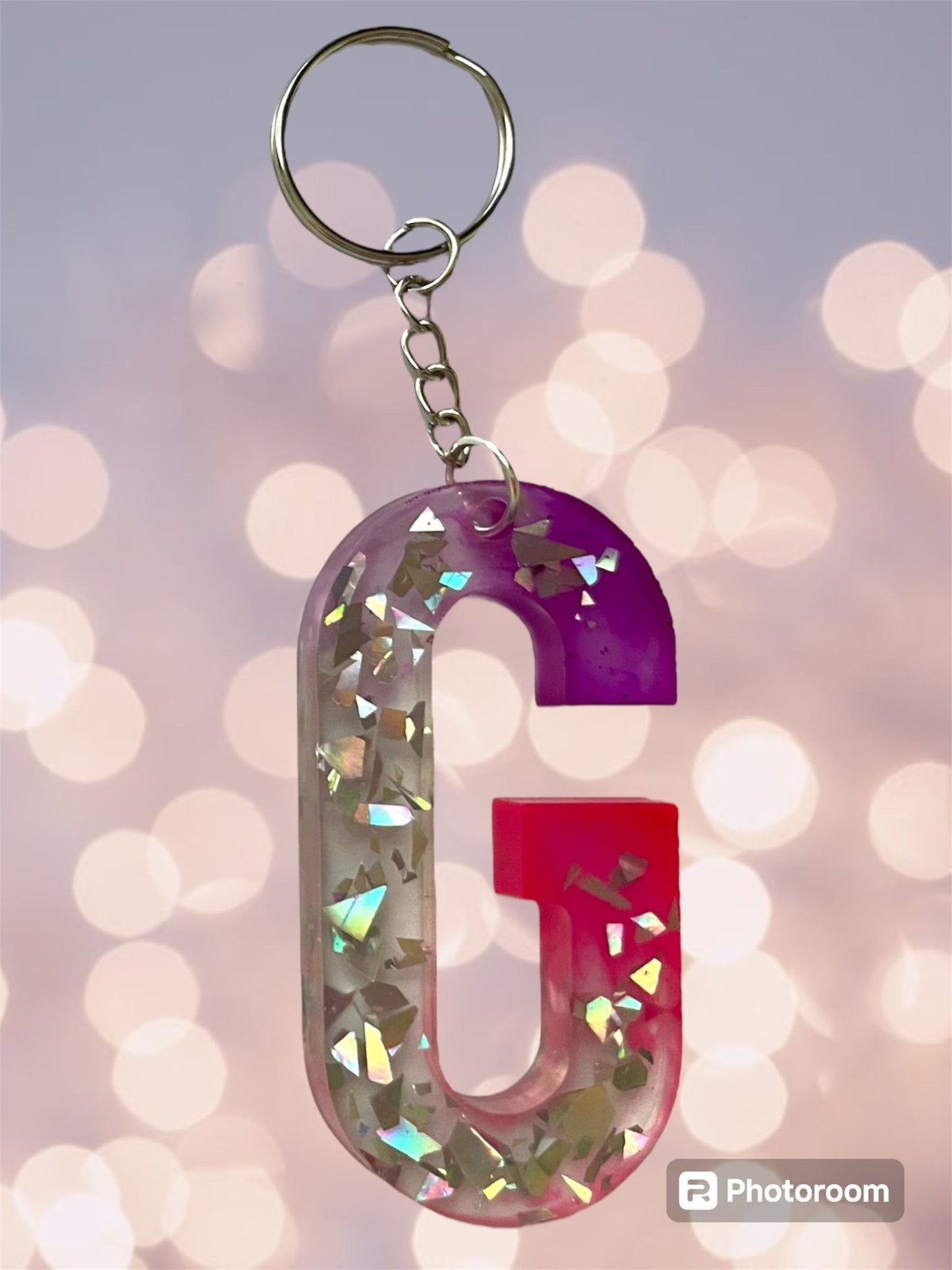 (Copy) Resin / Epoxy Keychain Letter - Hand poured and uniquely made. Size 2 1/2" x 1 1/2” pink, purple & glitter - Crazy and Cute Crafts