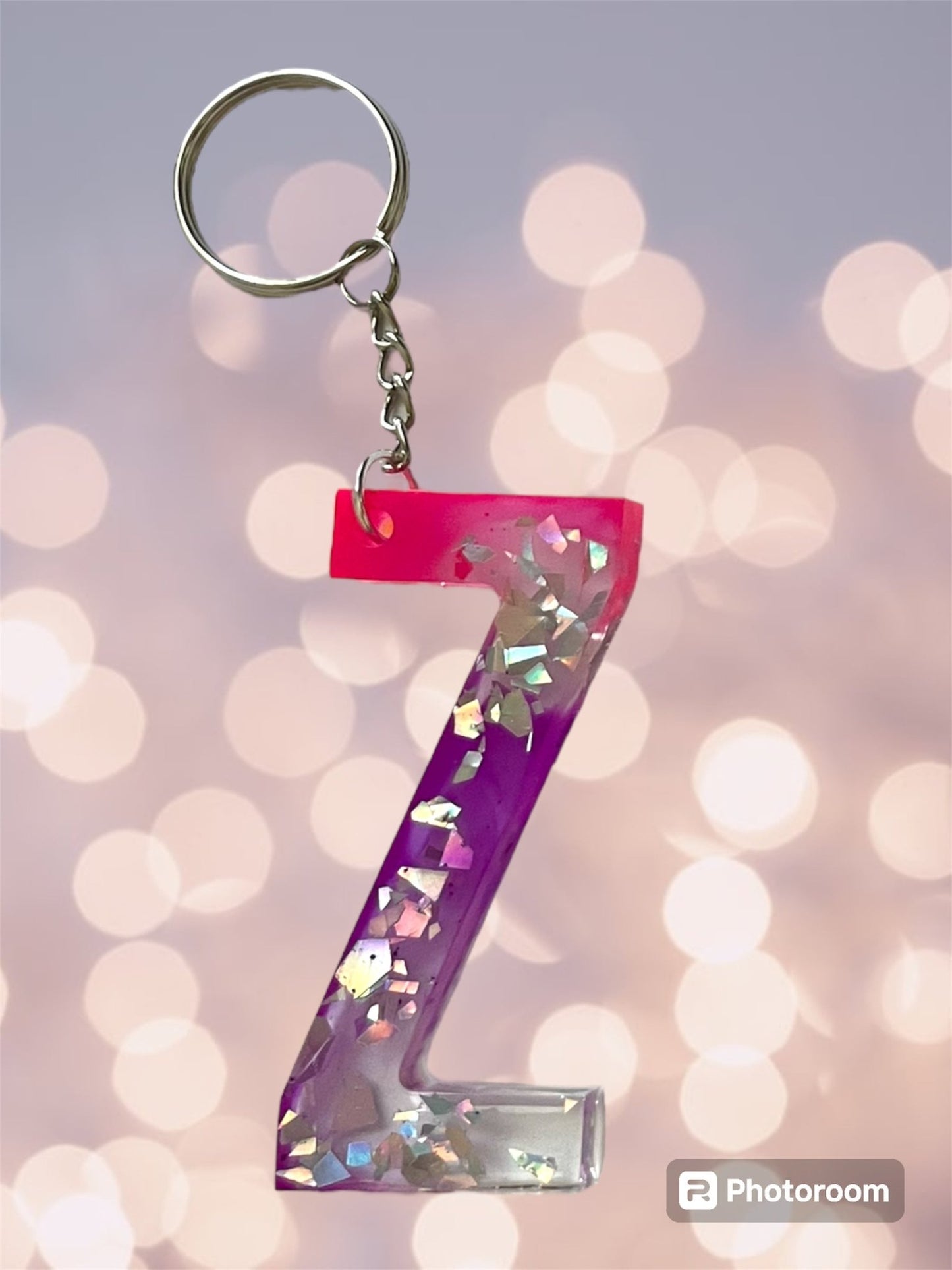 (Copy) Resin / Epoxy Keychain Letter - Hand poured and uniquely made. Size 2 1/2" x 1 1/2” pink, purple & glitter - Crazy and Cute Crafts