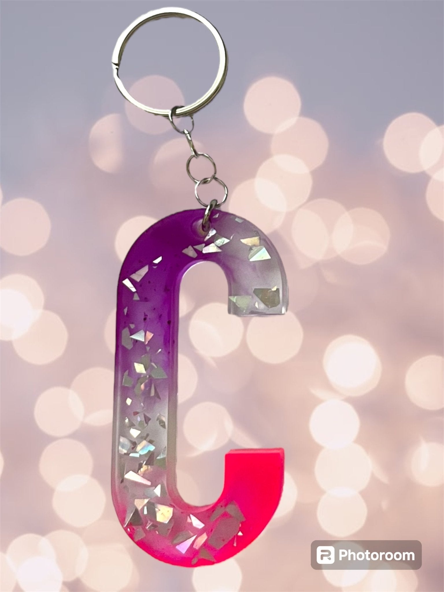 (Copy) Resin / Epoxy Keychain Letter - Hand poured and uniquely made. Size 2 1/2" x 1 1/2” pink, purple & glitter - Crazy and Cute Crafts