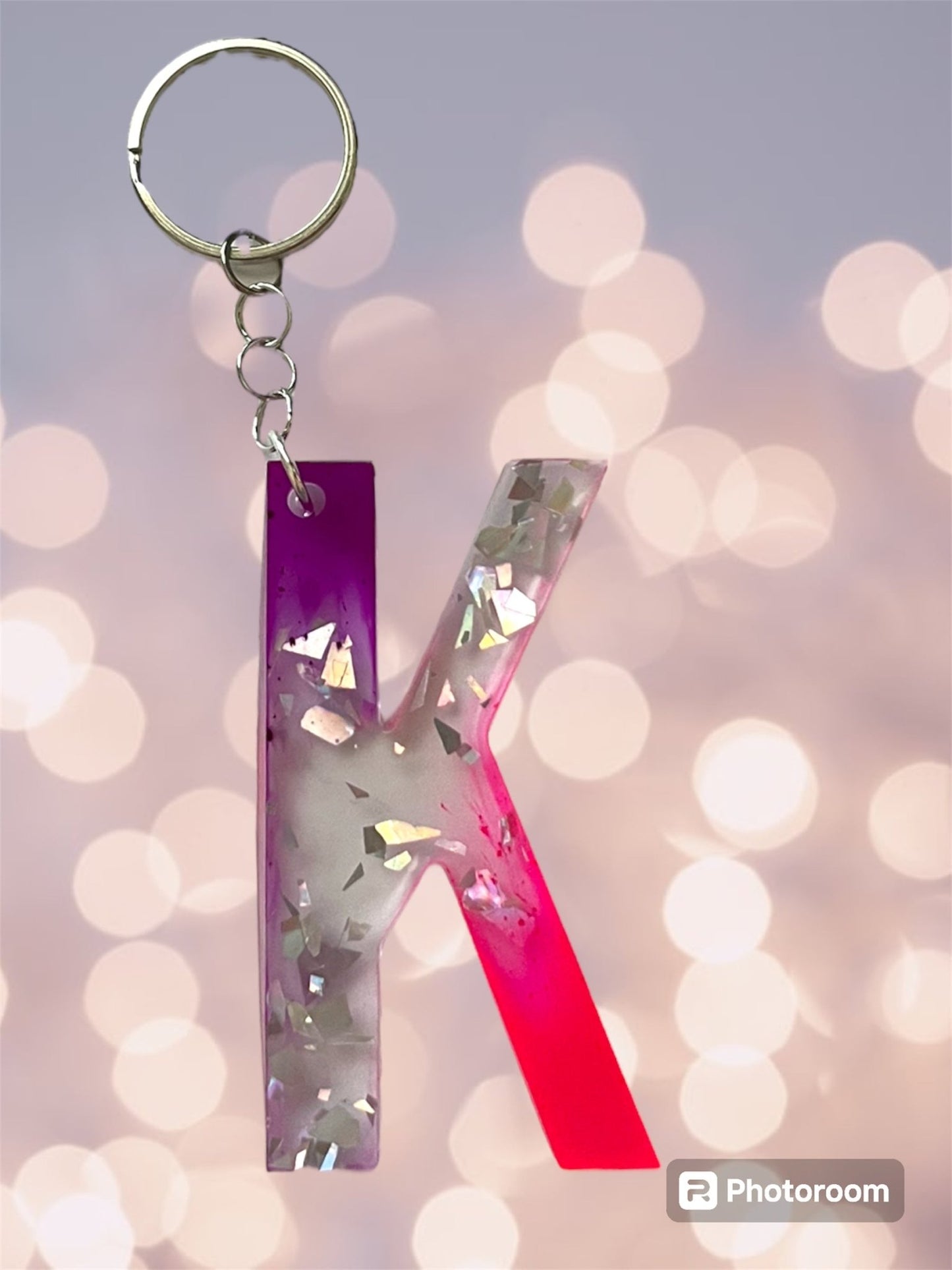 (Copy) Resin / Epoxy Keychain Letter - Hand poured and uniquely made. Size 2 1/2" x 1 1/2” pink, purple & glitter - Crazy and Cute Crafts