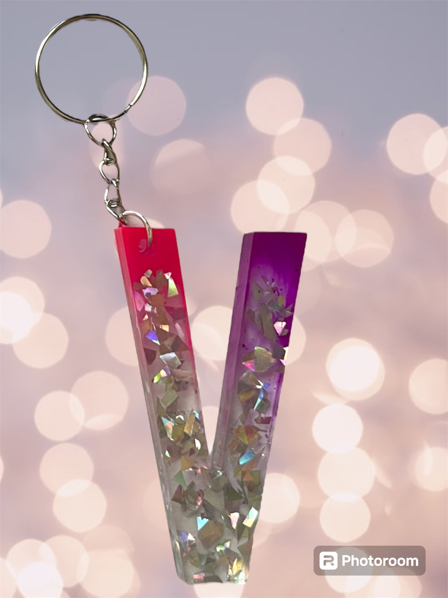 Resin / Epoxy Keychain Letter  - Hand poured and uniquely made. Size 2 1/2" x 1 1/2” pink, purple & glitter