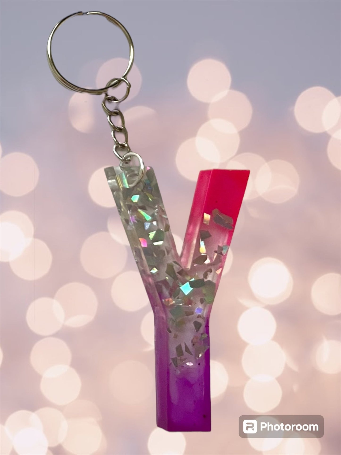 (Copy) Resin / Epoxy Keychain Letter - Hand poured and uniquely made. Size 2 1/2" x 1 1/2” pink, purple & glitter - Crazy and Cute Crafts