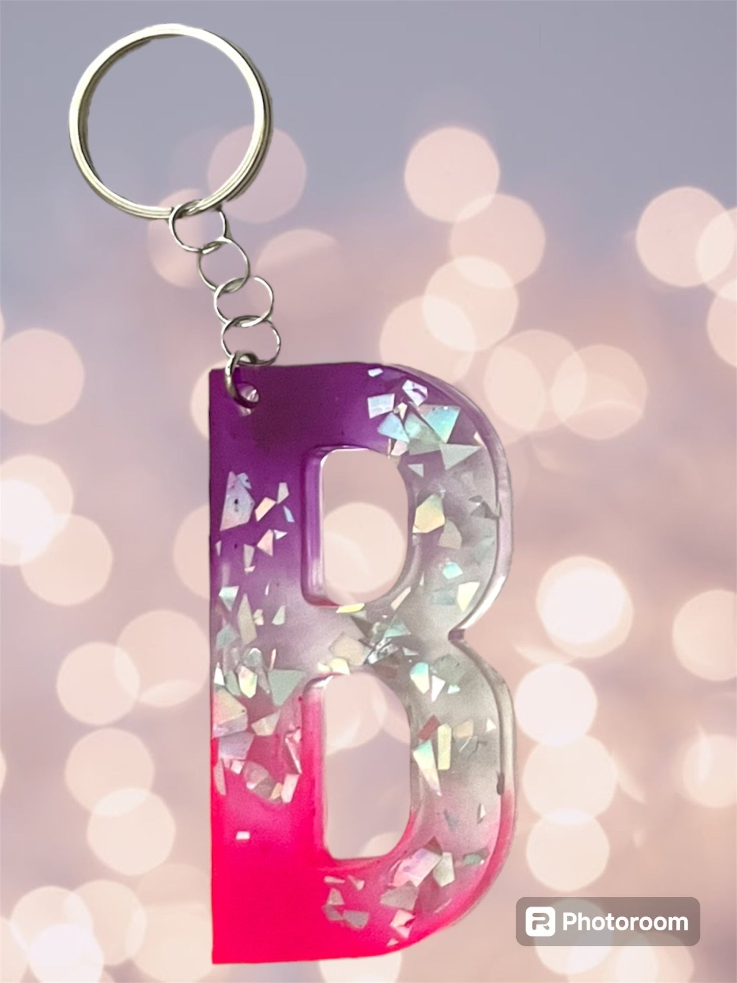 (Copy) Resin / Epoxy Keychain Letter - Hand poured and uniquely made. Size 2 1/2" x 1 1/2” pink, purple & glitter - Crazy and Cute Crafts