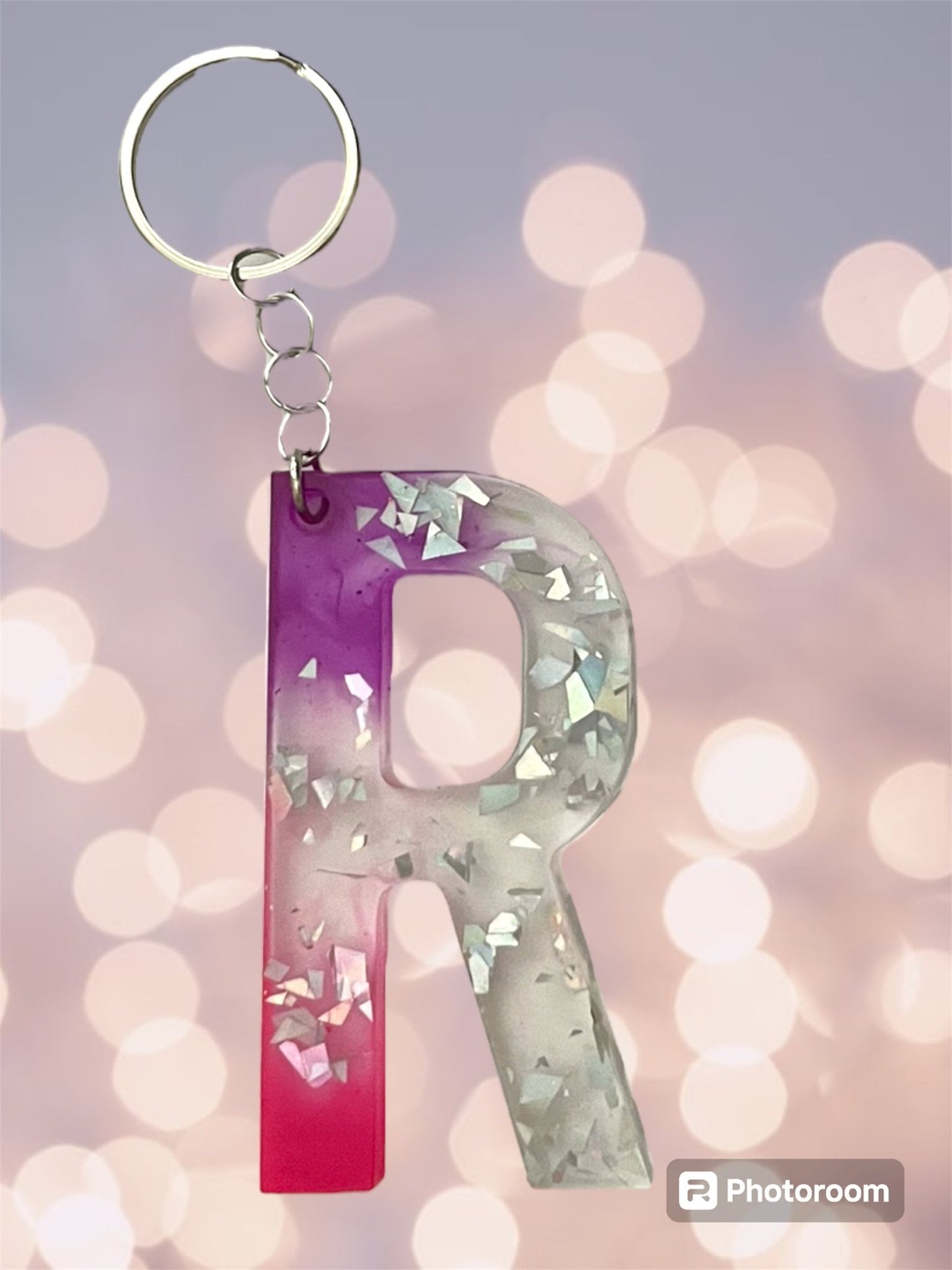 (Copy) Resin / Epoxy Keychain Letter - Hand poured and uniquely made. Size 2 1/2" x 1 1/2” pink, purple & glitter - Crazy and Cute Crafts