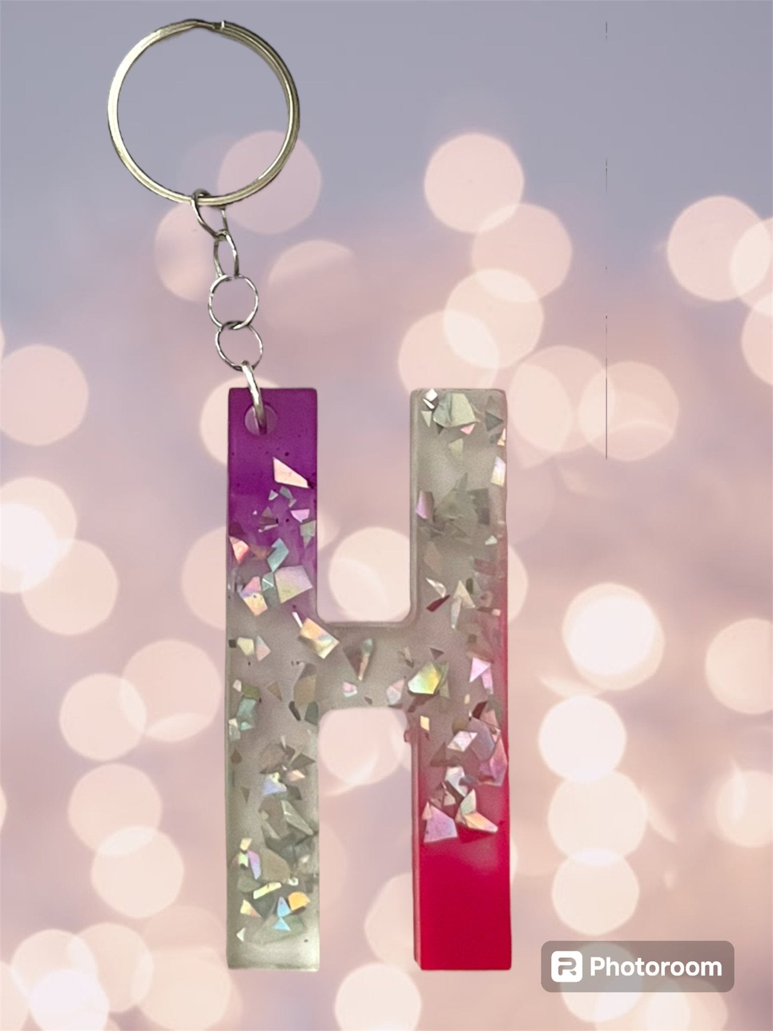 (Copy) Resin / Epoxy Keychain Letter - Hand poured and uniquely made. Size 2 1/2" x 1 1/2” pink, purple & glitter - Crazy and Cute Crafts