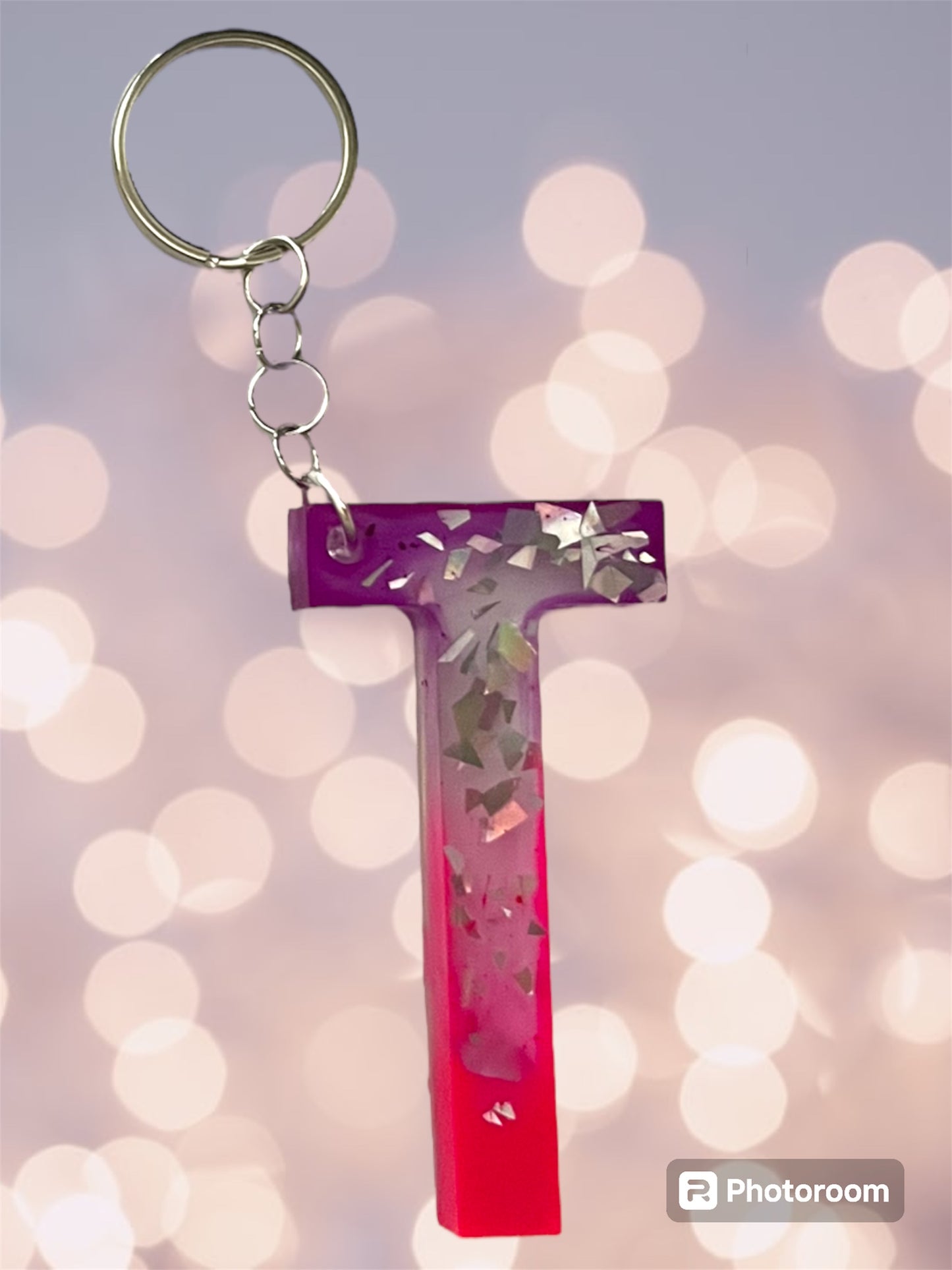 Resin / Epoxy Keychain Letter  - Hand poured and uniquely made. Size 2 1/2" x 1 1/2” pink, purple & glitter