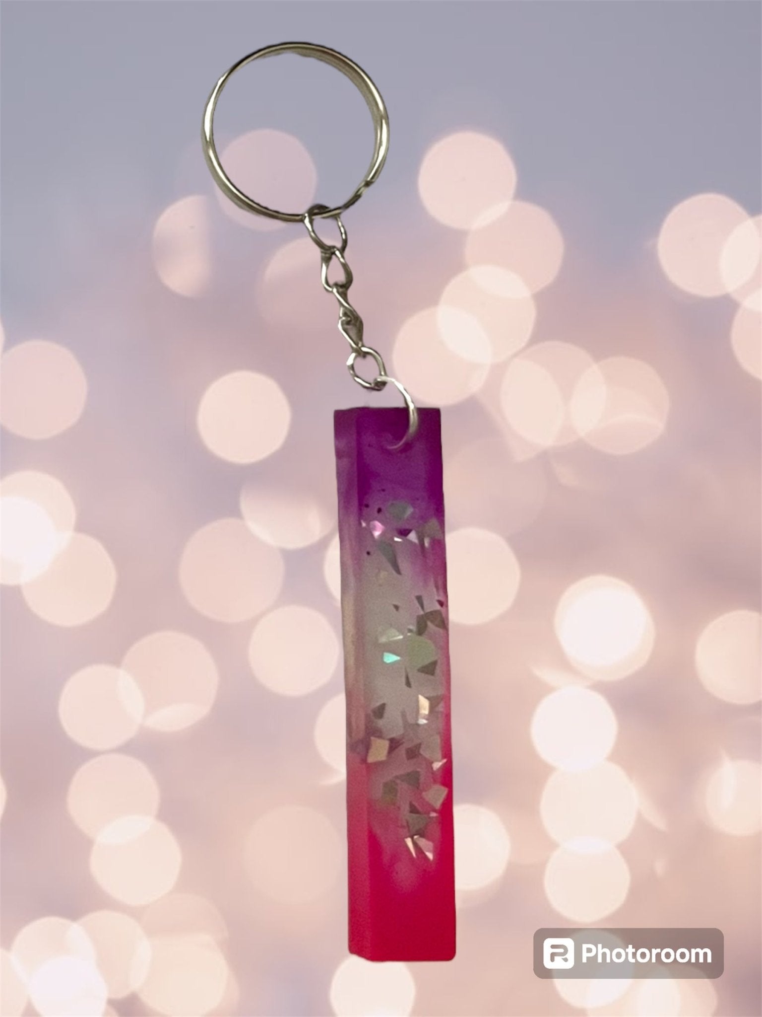 (Copy) Resin / Epoxy Keychain Letter - Hand poured and uniquely made. Size 2 1/2" x 1 1/2” pink, purple & glitter - Crazy and Cute Crafts