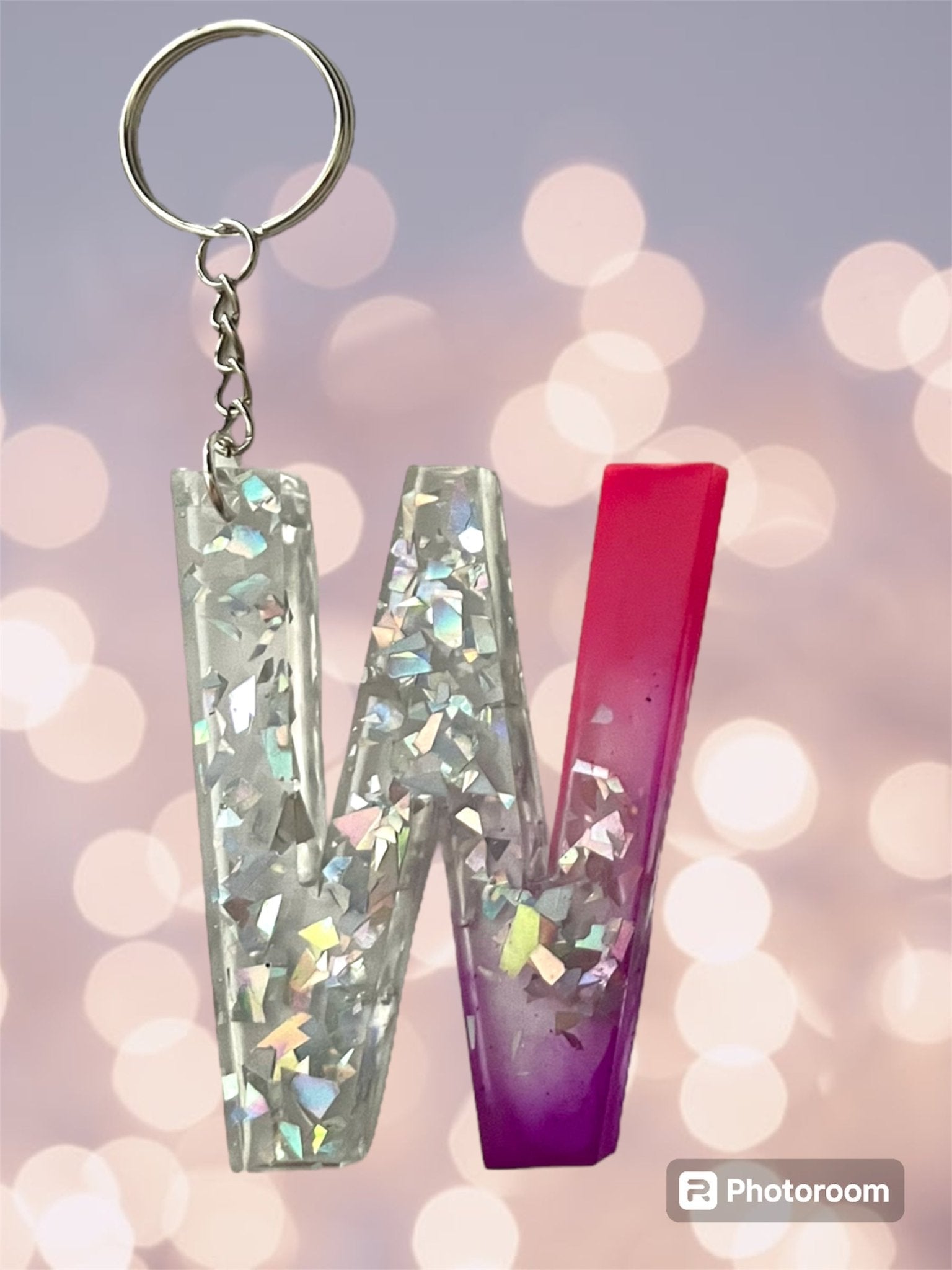 (Copy) Resin / Epoxy Keychain Letter - Hand poured and uniquely made. Size 2 1/2" x 1 1/2” pink, purple & glitter - Crazy and Cute Crafts