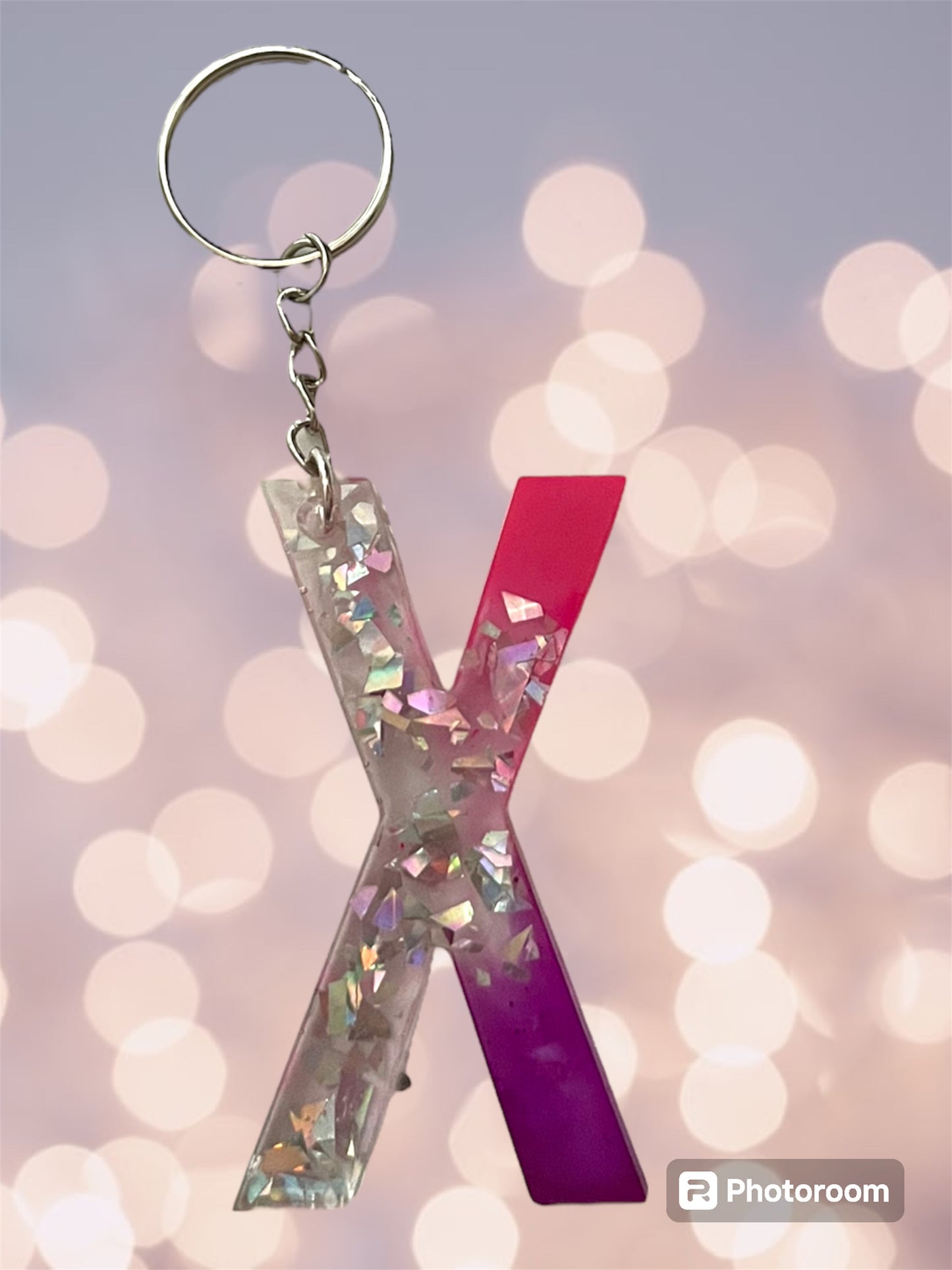 Resin / Epoxy Keychain Letter  - Hand poured and uniquely made. Size 2 1/2" x 1 1/2” pink, purple & glitter