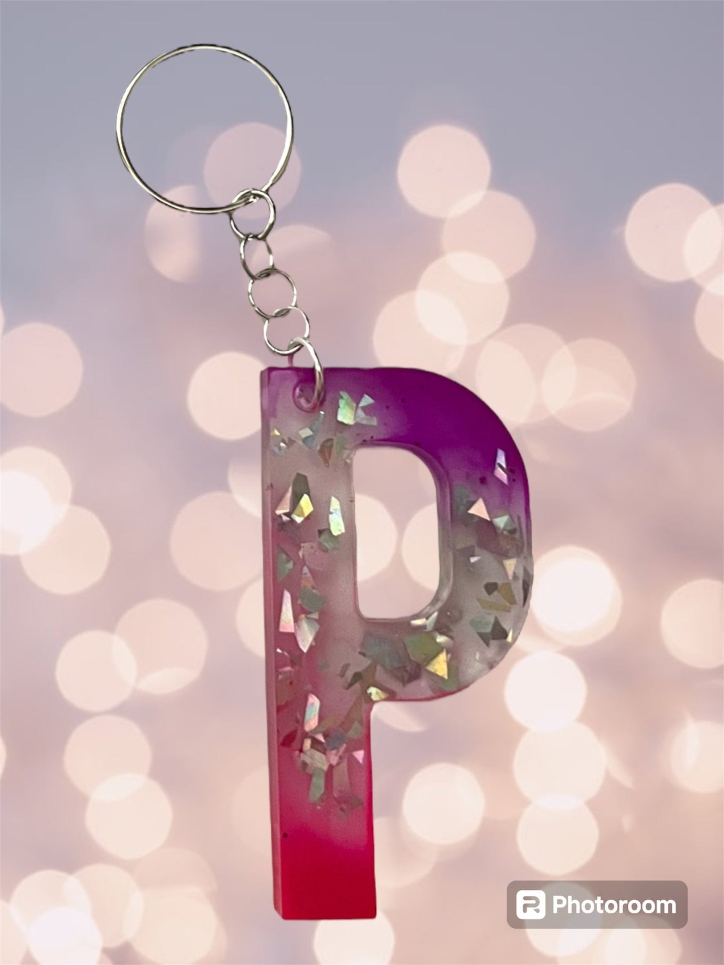 (Copy) Resin / Epoxy Keychain Letter - Hand poured and uniquely made. Size 2 1/2" x 1 1/2” pink, purple & glitter - Crazy and Cute Crafts