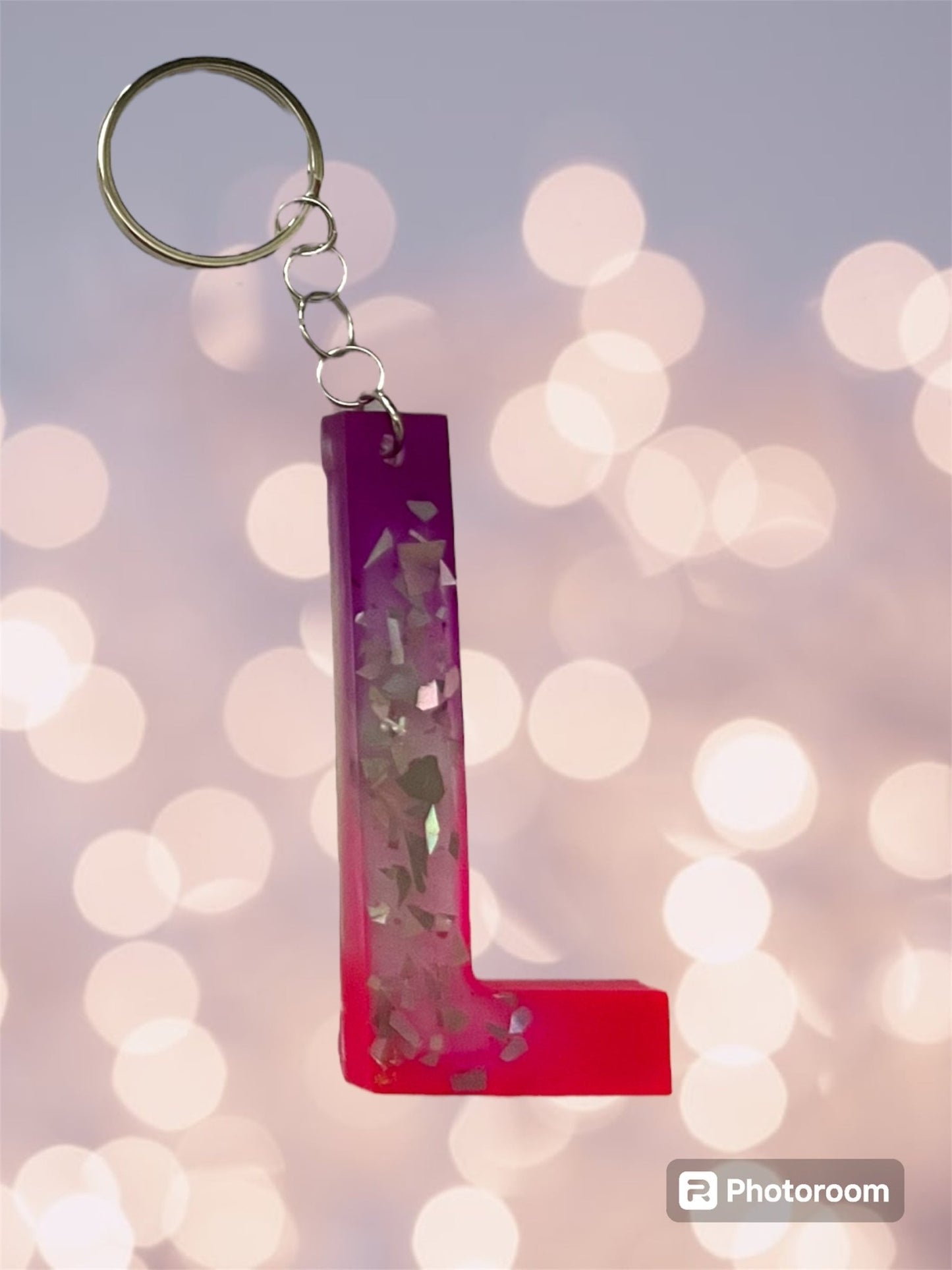 (Copy) Resin / Epoxy Keychain Letter - Hand poured and uniquely made. Size 2 1/2" x 1 1/2” pink, purple & glitter - Crazy and Cute Crafts