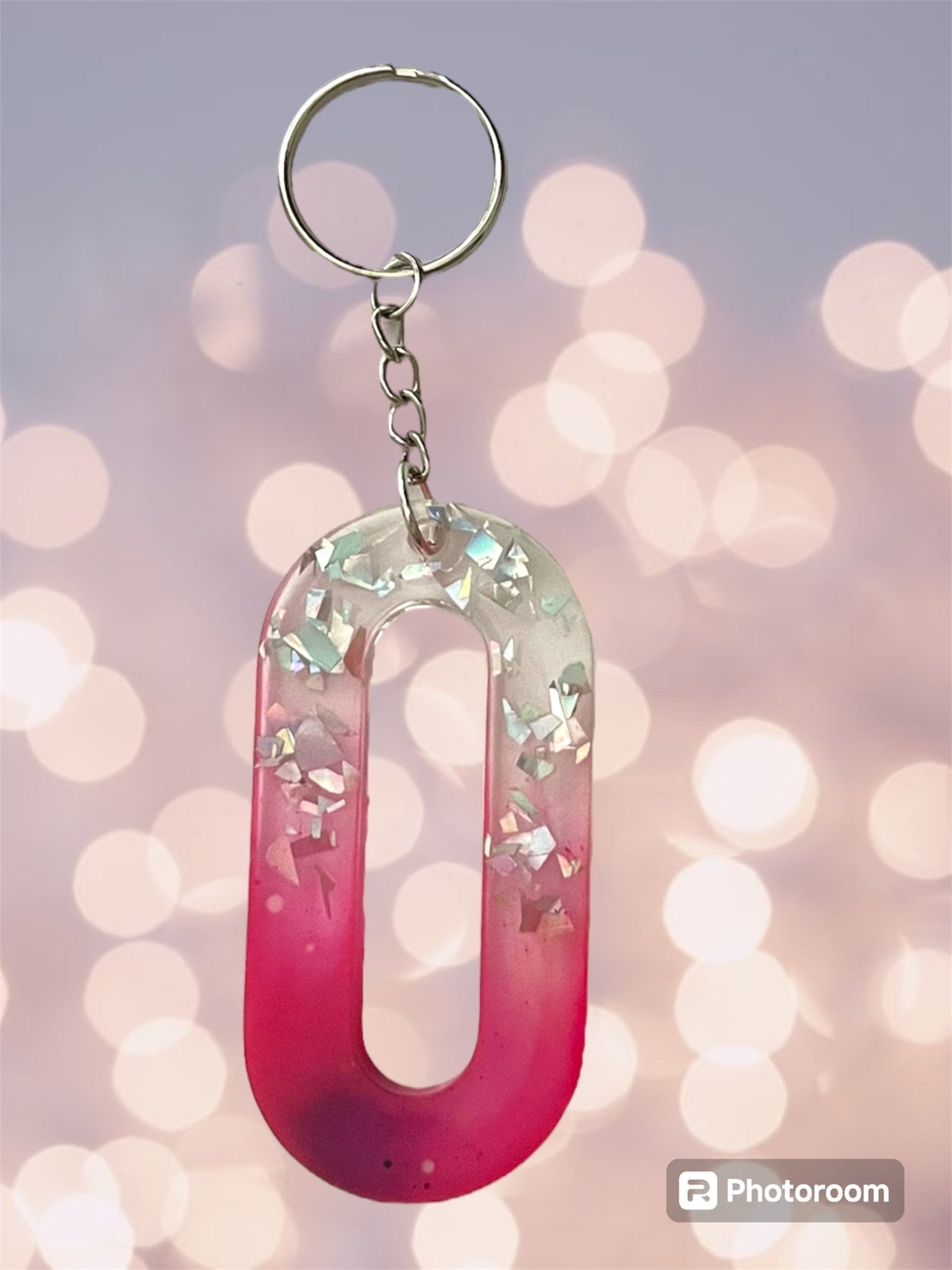 (Copy) Resin / Epoxy Keychain Letter - Hand poured and uniquely made. Size 2 1/2" x 1 1/2” pink, purple & glitter - Crazy and Cute Crafts