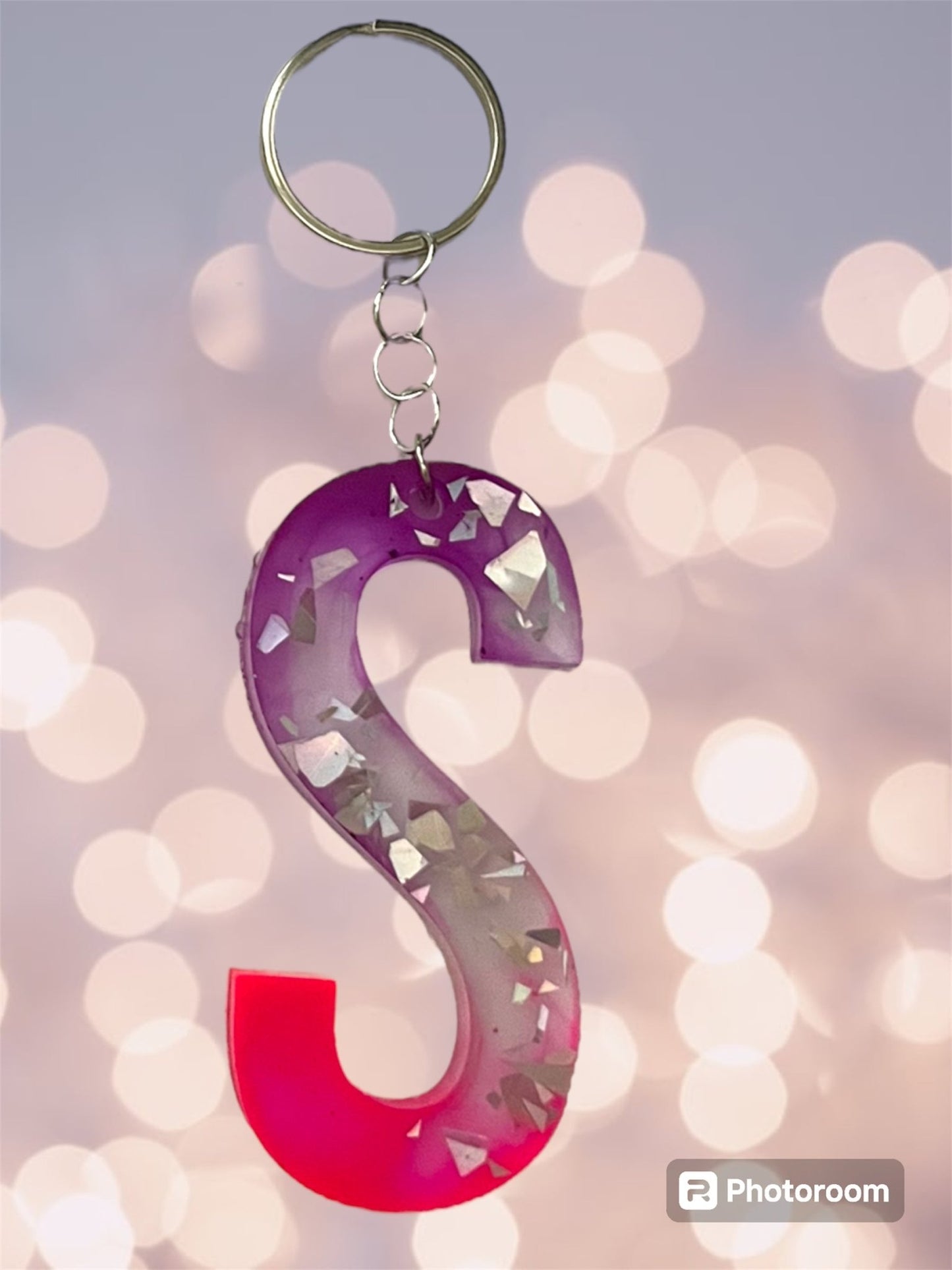 (Copy) Resin / Epoxy Keychain Letter - Hand poured and uniquely made. Size 2 1/2" x 1 1/2” pink, purple & glitter - Crazy and Cute Crafts