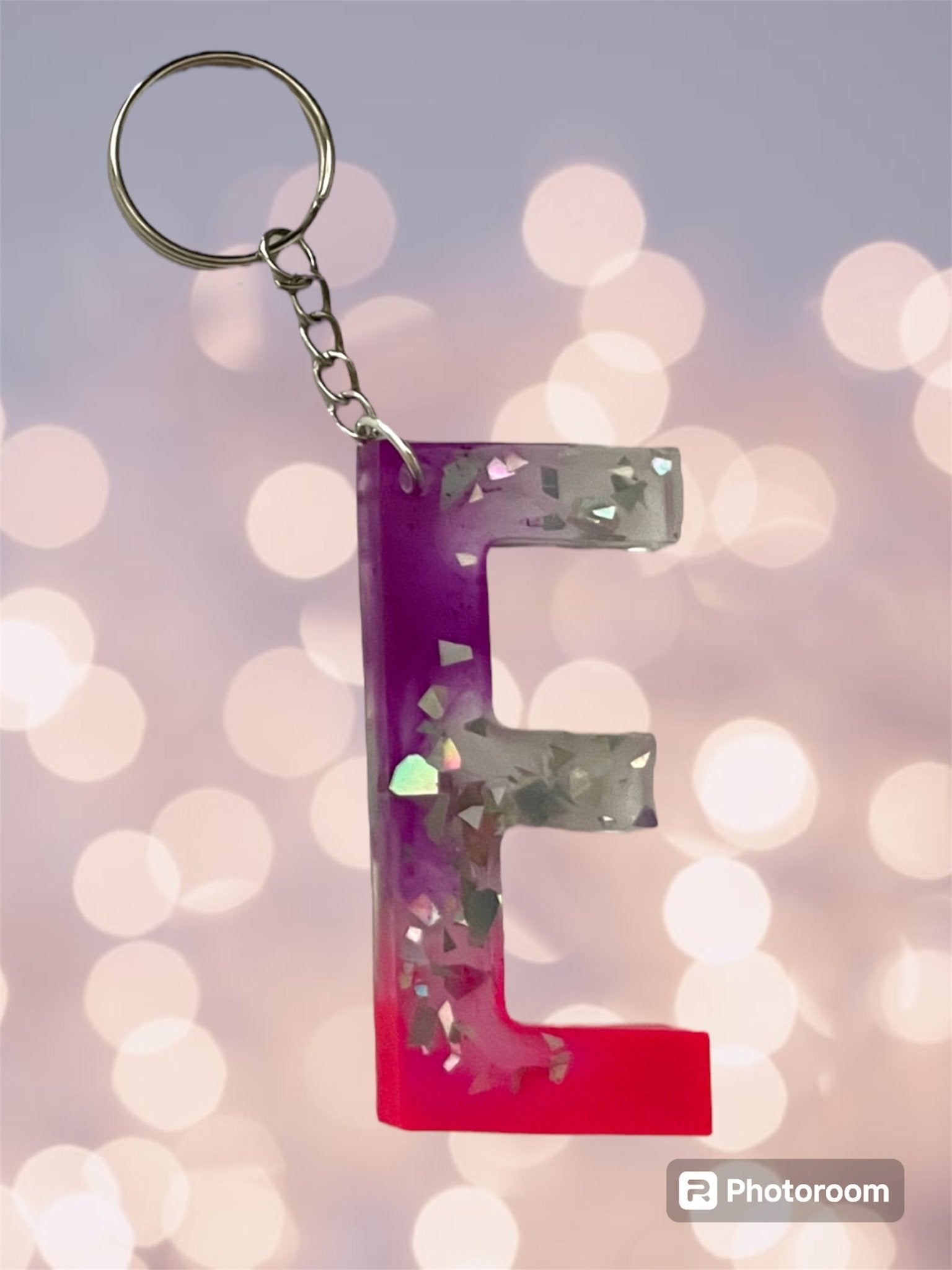 (Copy) Resin / Epoxy Keychain Letter - Hand poured and uniquely made. Size 2 1/2" x 1 1/2” pink, purple & glitter - Crazy and Cute Crafts