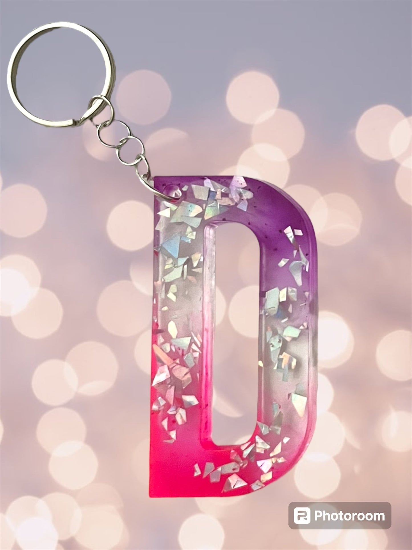 (Copy) Resin / Epoxy Keychain Letter - Hand poured and uniquely made. Size 2 1/2" x 1 1/2” pink, purple & glitter - Crazy and Cute Crafts