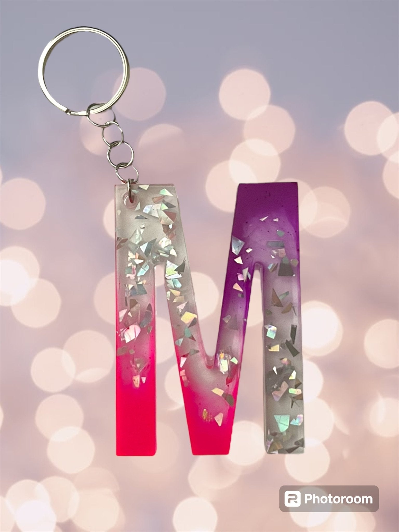 (Copy) Resin / Epoxy Keychain Letter - Hand poured and uniquely made. Size 2 1/2" x 1 1/2” pink, purple & glitter - Crazy and Cute Crafts