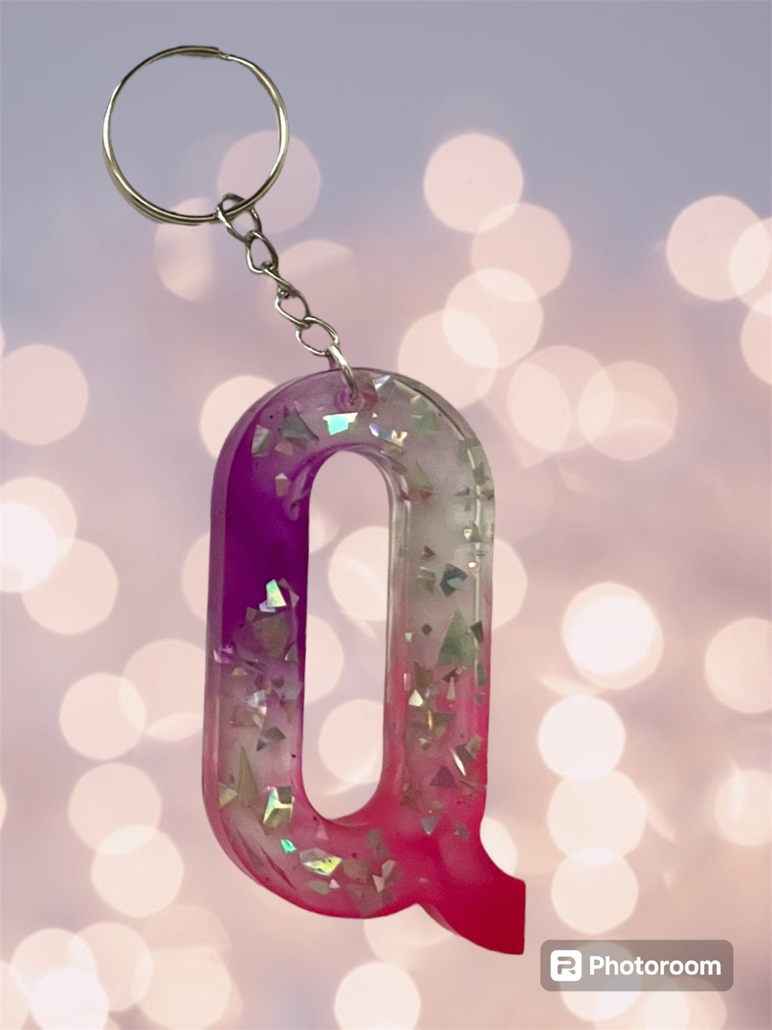 (Copy) Resin / Epoxy Keychain Letter - Hand poured and uniquely made. Size 2 1/2" x 1 1/2” pink, purple & glitter - Crazy and Cute Crafts