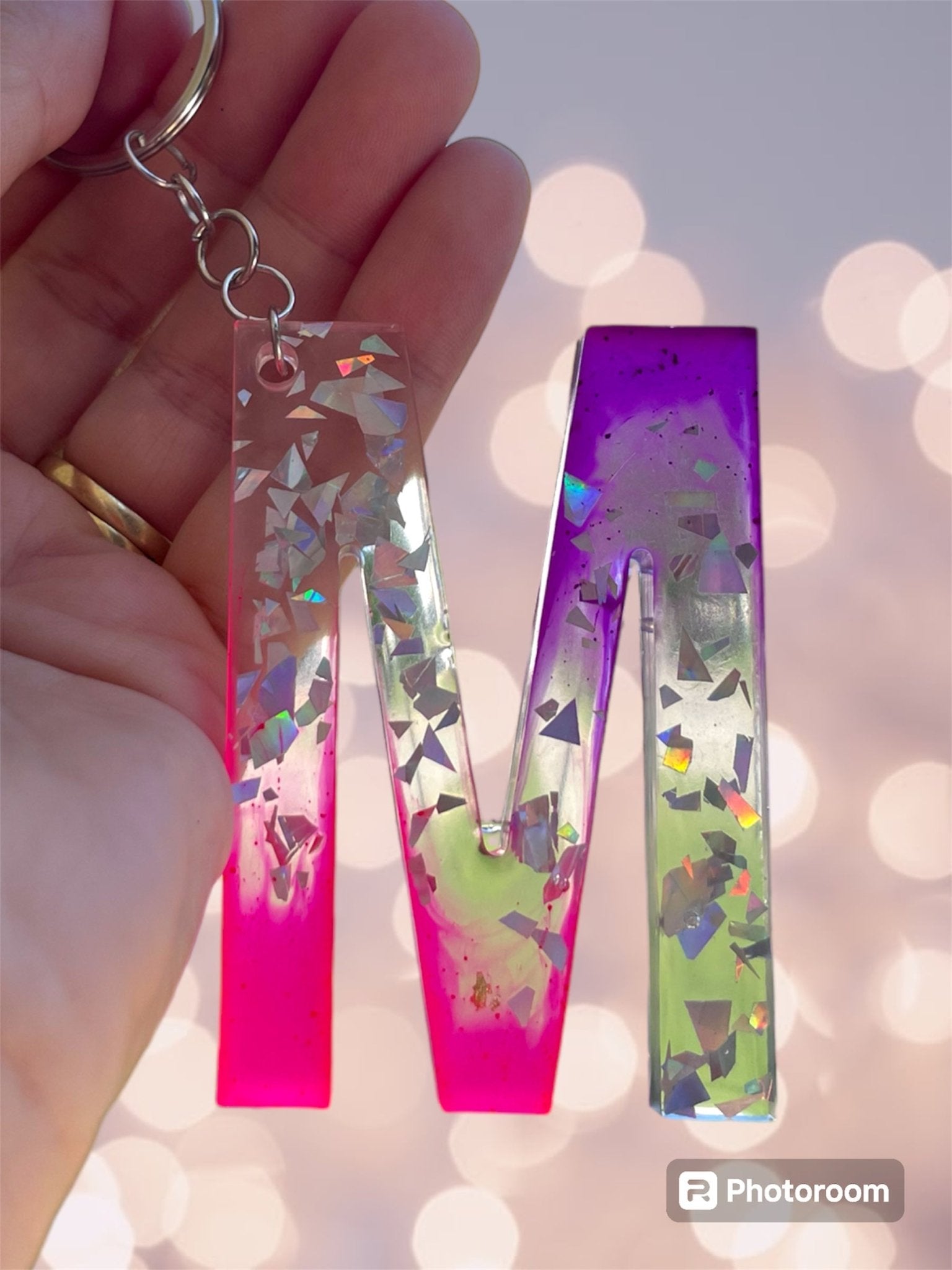 (Copy) Resin / Epoxy Keychain Letter - Hand poured and uniquely made. Size 2 1/2" x 1 1/2” pink, purple & glitter - Crazy and Cute Crafts