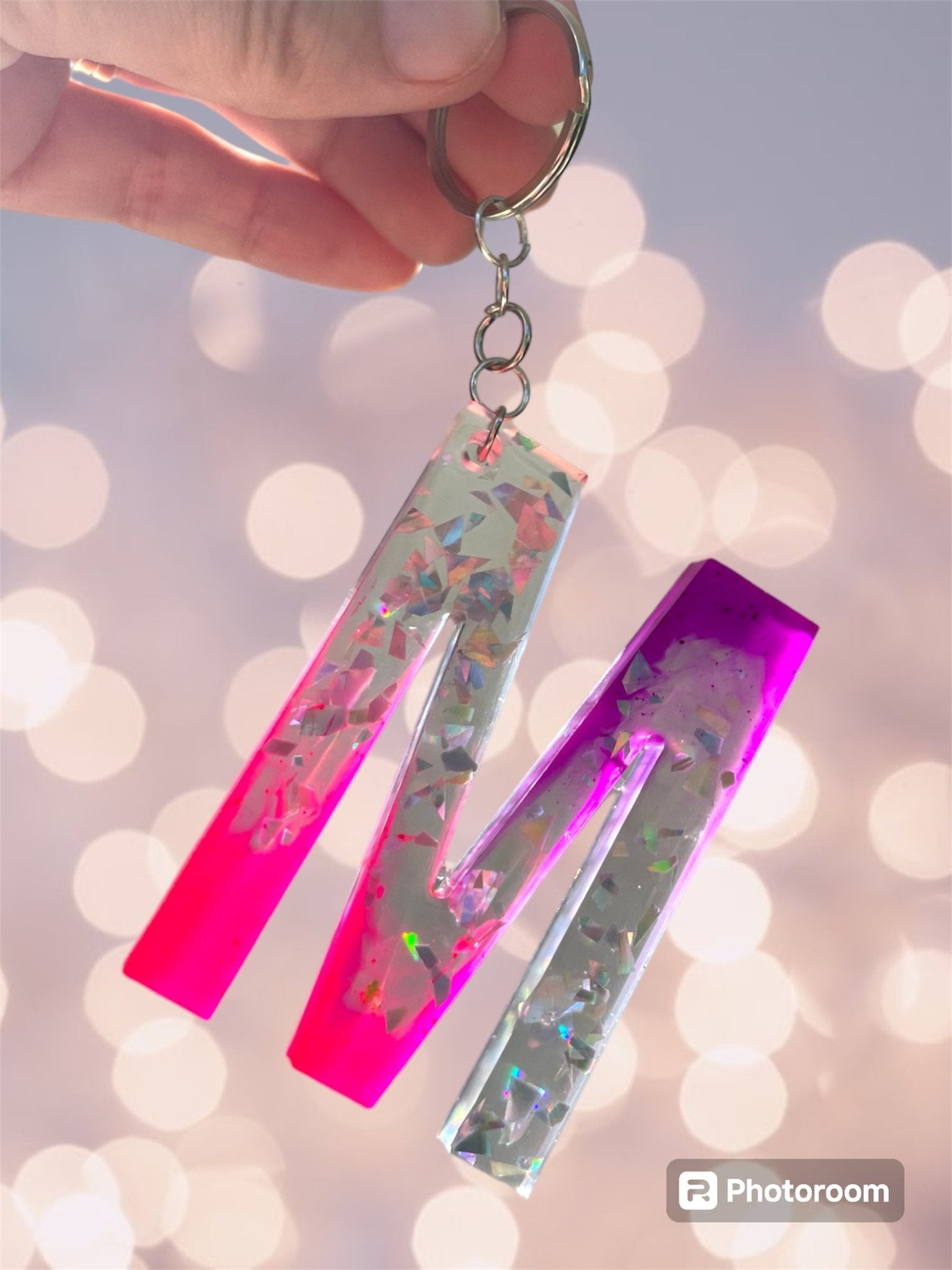 (Copy) Resin / Epoxy Keychain Letter - Hand poured and uniquely made. Size 2 1/2" x 1 1/2” pink, purple & glitter - Crazy and Cute Crafts